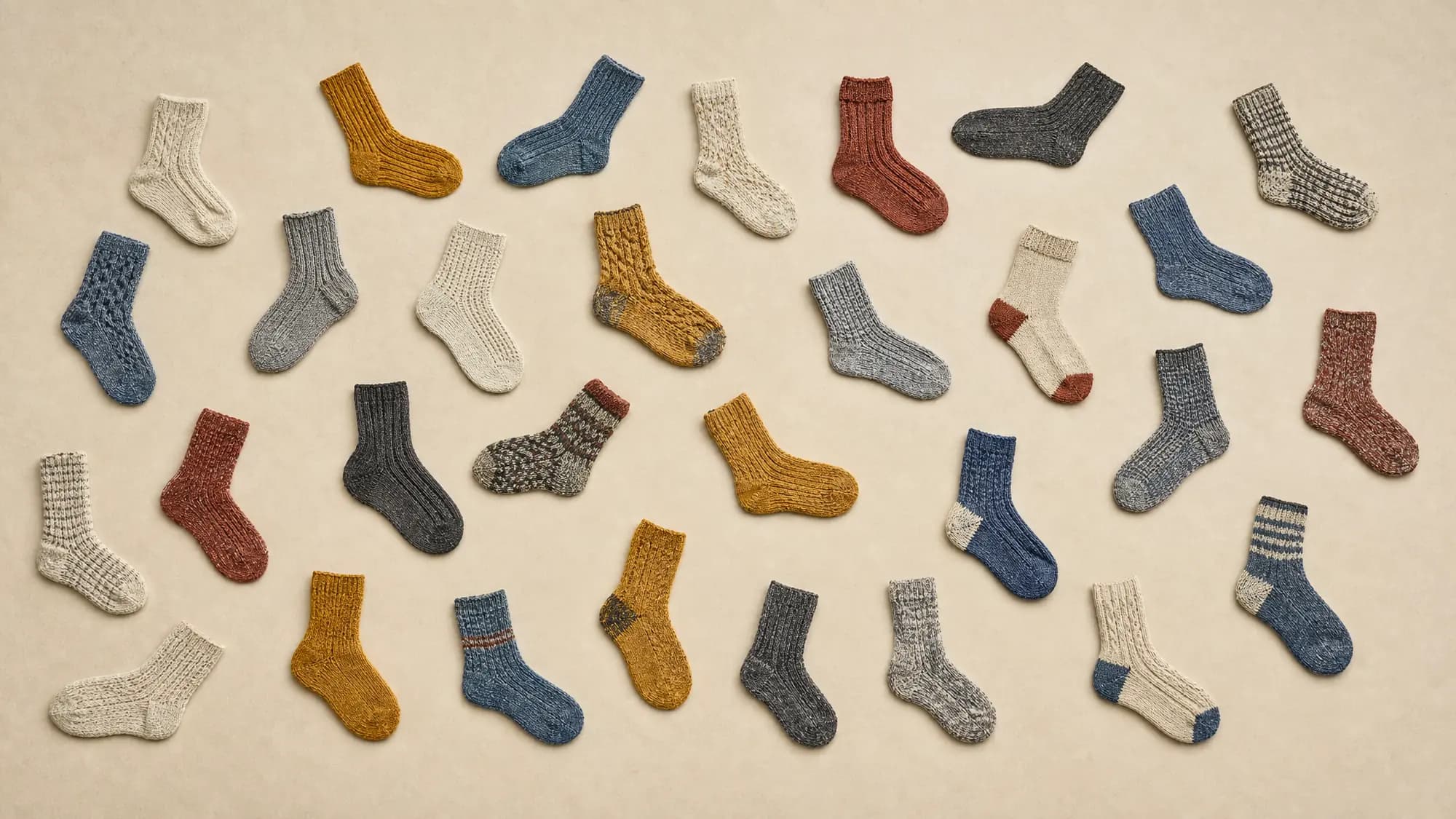 Around thirty single socks in oatmeal, mustard, slate, brick and charcoal spread loosely across paper, seen from above