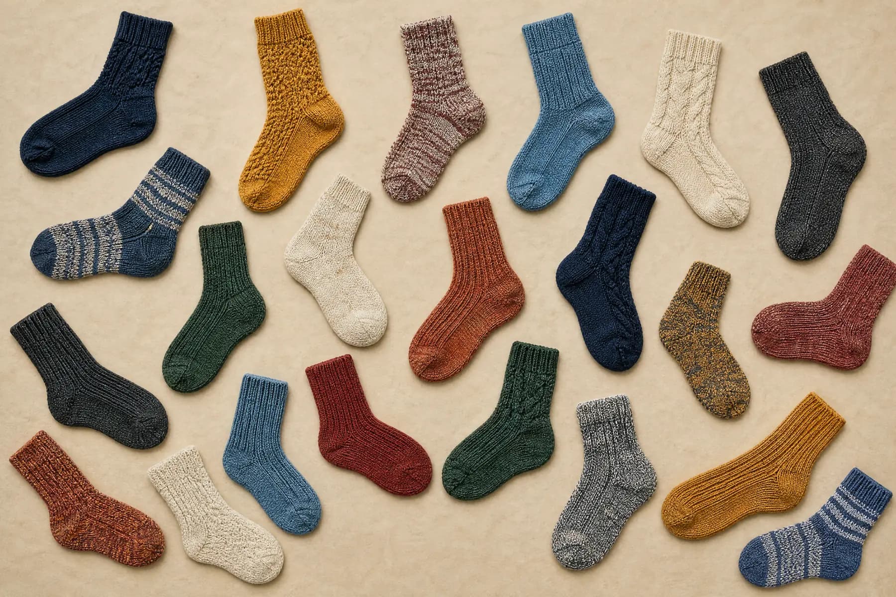 A loose heap of around twenty single socks spread flat across paper, seen from above
