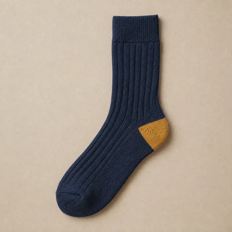 Navy ribbed, mustard heel, laid flat