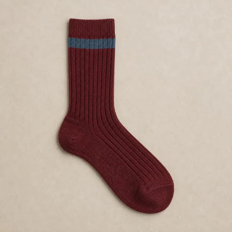 Burgundy ribbed, slate cuff stripe, laid flat
