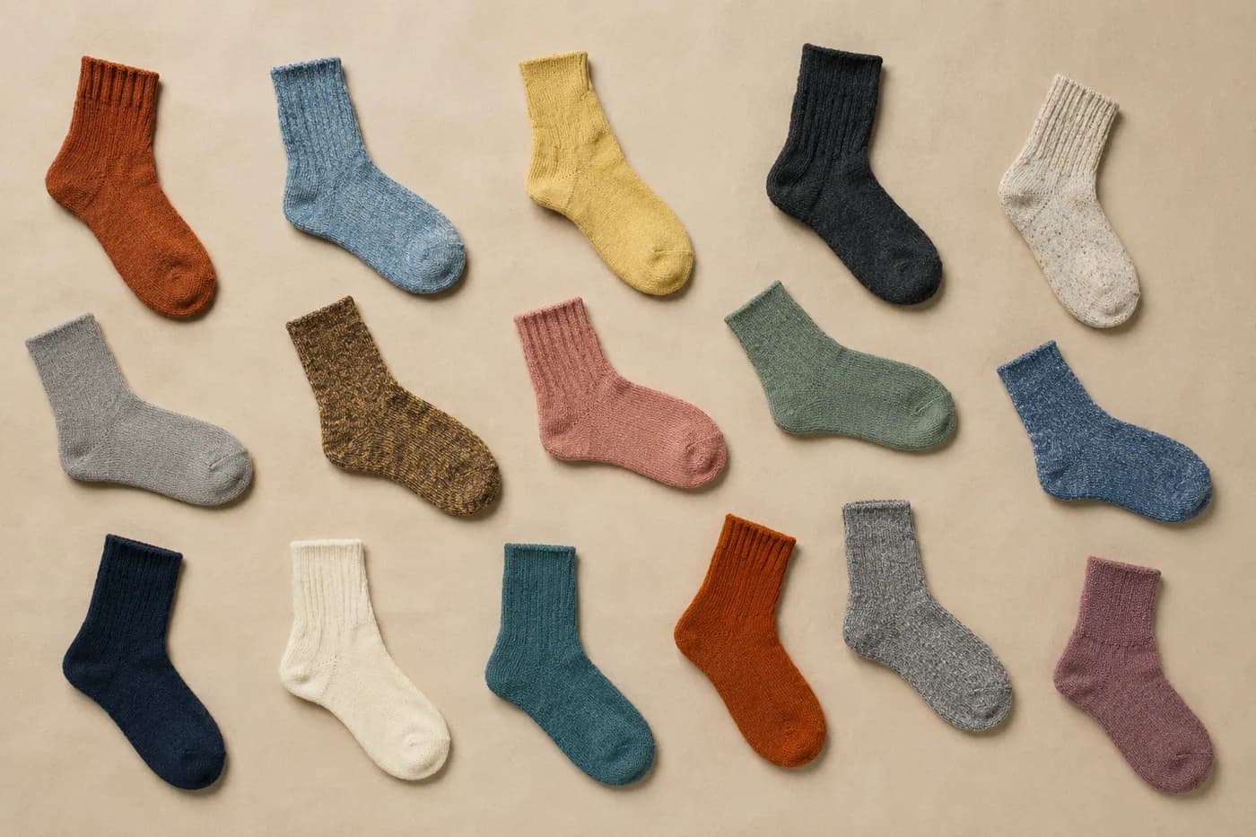 Sixteen mismatched single socks spread out flat and separated on paper, seen from above