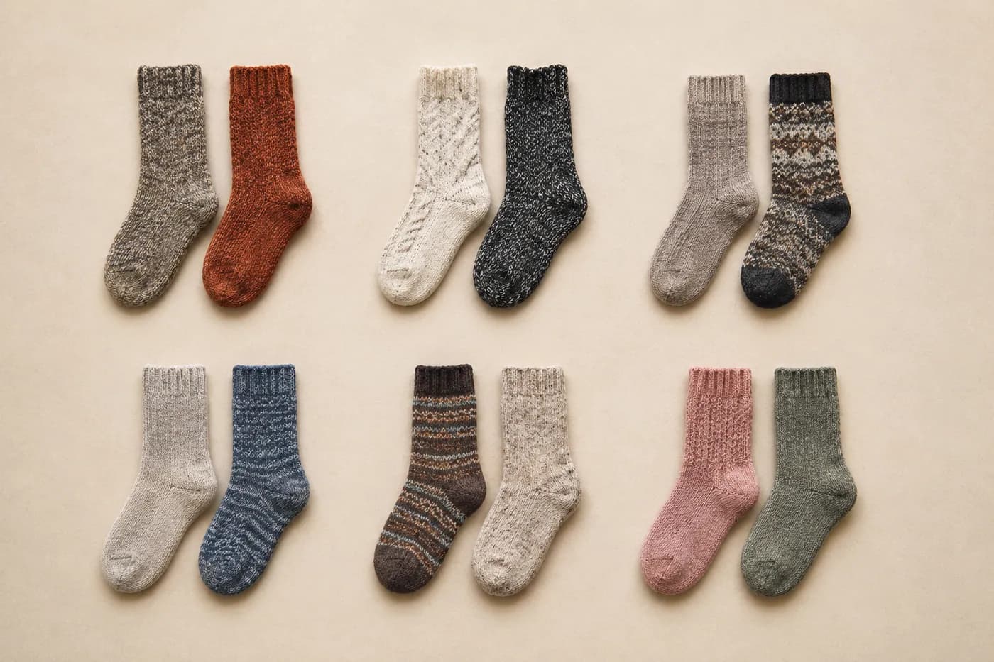 The same socks rearranged into six neat couples with clear gaps between the groups