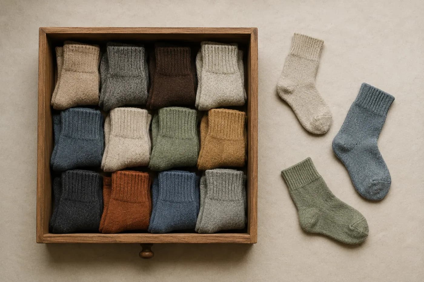 An open drawer of paired socks seen from above, with a few loose singles on paper beside it