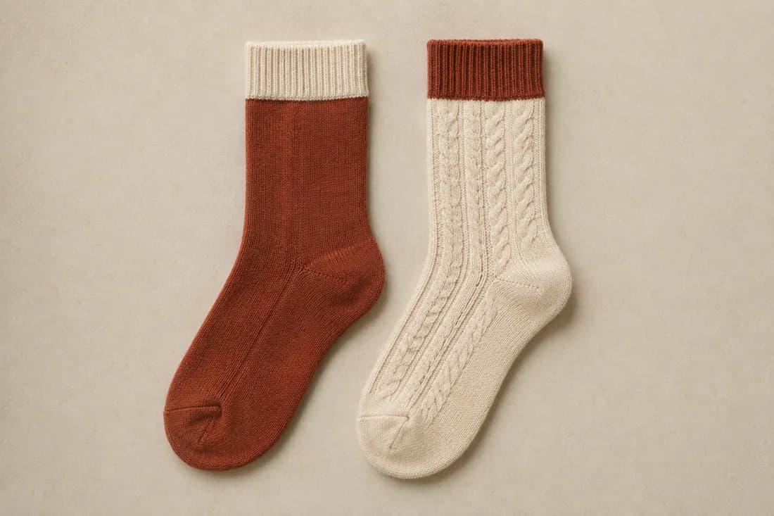 A brick sock with a cream cuff band laid flat beside a cream sock with a brick cuff band