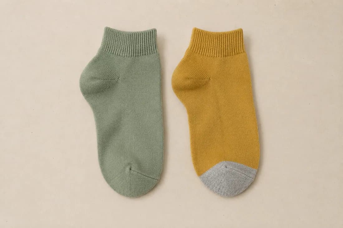 A sage ankle sock laid flat beside a mustard ankle sock with a heather grey toe