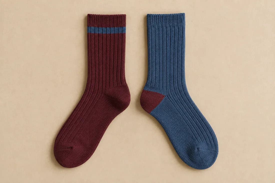 A burgundy ribbed sock with a slate cuff stripe laid flat beside a slate ribbed sock with a burgundy heel