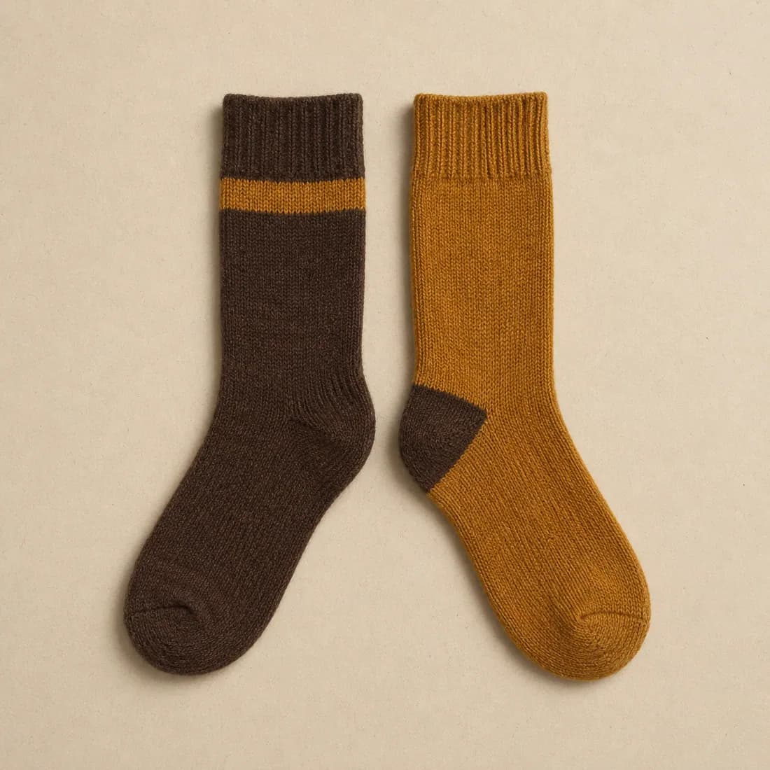 A dark brown wool sock with an ochre stripe laid flat beside an ochre wool sock with a dark brown heel