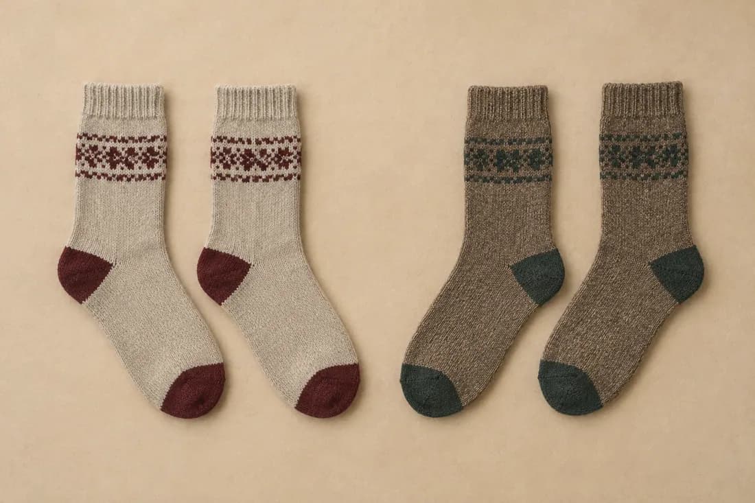 Four knitted socks laid flat in two separate couples, each couple sharing an accent colour